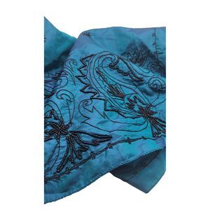 Vintage Gorgeous Turquoise Black Beaded Embroidery Long Silk Scarf 72in by 20in